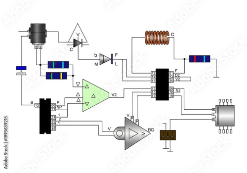 Electrical circuit diagram for electronic device with operational amplifier, diodes, resistors and integrated circuits