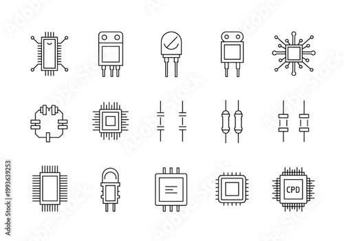 Collection of electronic components and circuits, featuring resistors, capacitors, and integrated circuits for technology and engineering