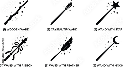 Black and white magic wands set with star ribbon feather and moon tips vector art