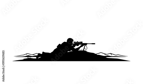 Schilderij op canvas Tactical soldier silhouette on hilltop vector with military surveillance pose de