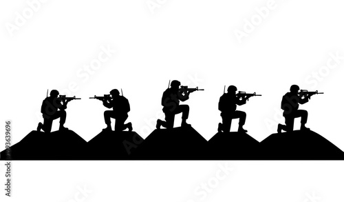 Schilderij op canvas Tactical soldier silhouettes horizontal lineup vector with military hilltop pose