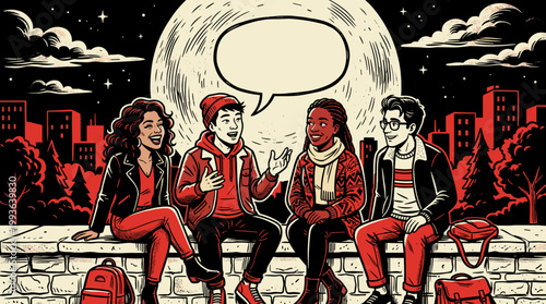 Friends sharing stories under the full moon urban park illustration nighttime casual friendship