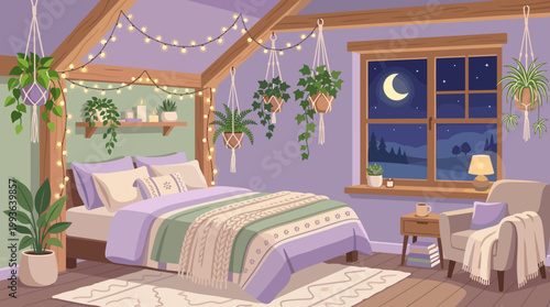 Cozy bedroom retreat attic space digital illustration nighttime ambiance serene view home decor