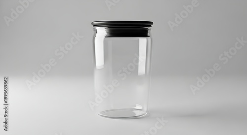 Clear Glass Jar with Black Lid on White Surface.