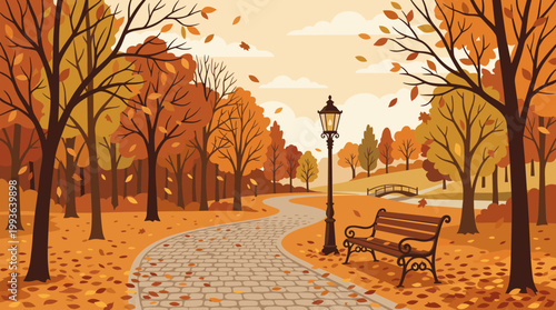 Autumn stroll through a scenic park path colorful foliage illustration peaceful ambiance