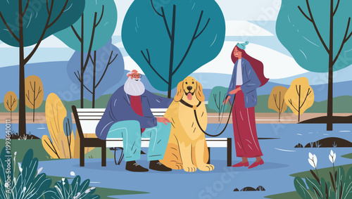 Leisurely stroll with a golden retriever park bench illustration outdoor side view friendship theme