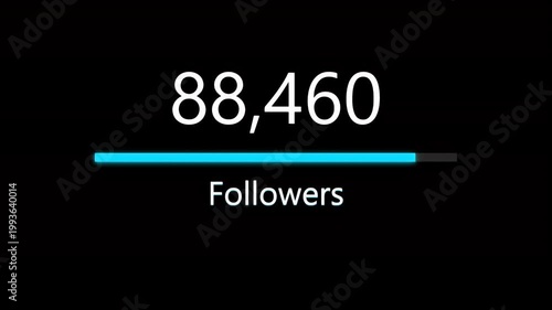 Digital follower counter increases rapidly toward one hundred thousand with a glowing blue progress bar animation
