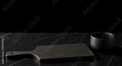 Minimalist Black Kitchen Scene with Cutting Board and Cup on Marble Surface.