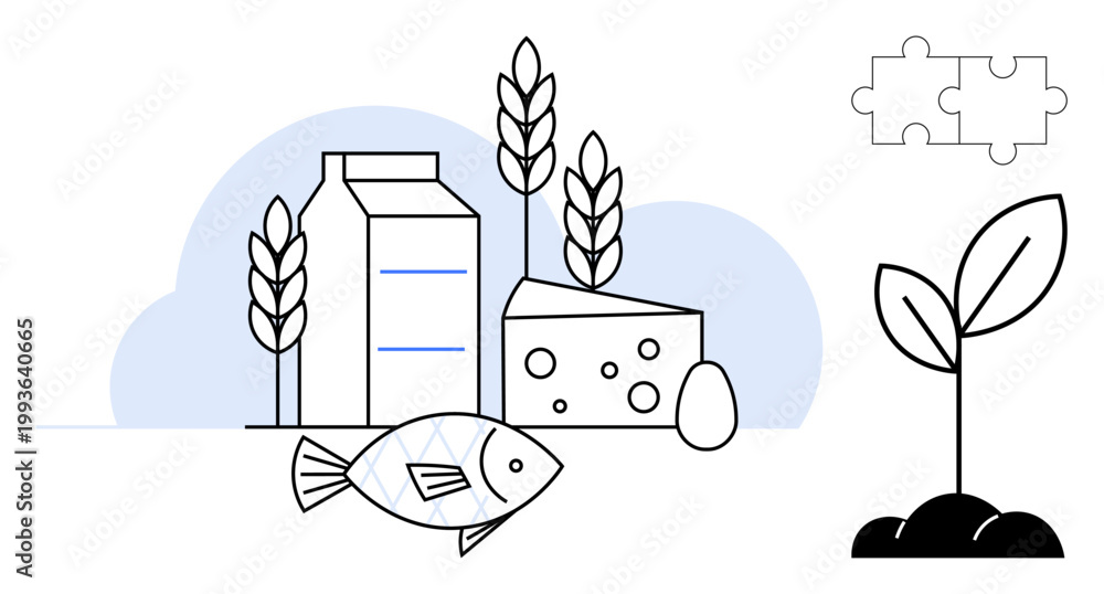 Obraz premium Sustainability, nutrition, agriculture, food production, health, environmental care. Composition of milk, cheese grains fish plant and puzzle piece. Sustainability and nutrition concept