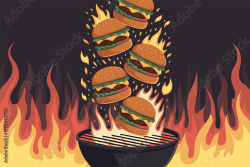 Hamburgers on Fiery Barbecue Illustration Vector Food Grill Concept
