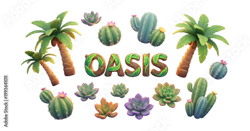 Group of 3D desert oasis plants and succulent cacti surrounding a bold OASIS subtitle isolated on white for nature theme