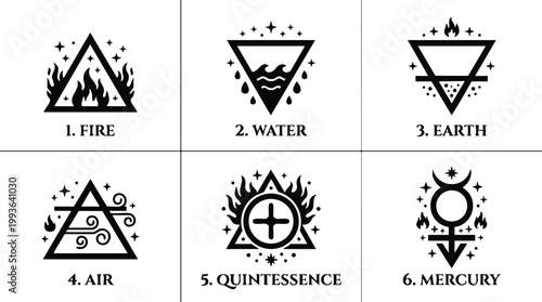 Black and white elemental symbols fire water earth air quintessence mercury vector art