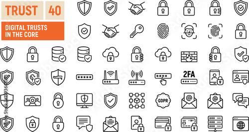 Forty different trust icons showcasing security, payment, and guarantee symbols for enhancing customer confidence online.