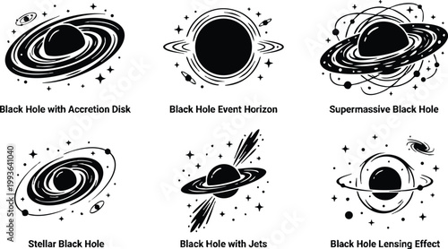 Black hole with accretion disk stellar and supermassive black hole vector art in black and white