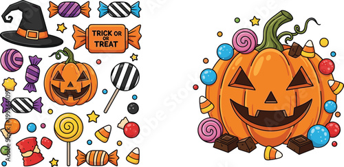 Halloween Pumpkin Candy Vector Set with Trick or Treat Sweets Jack O Lantern and Spooky Holiday Illustration Collection
