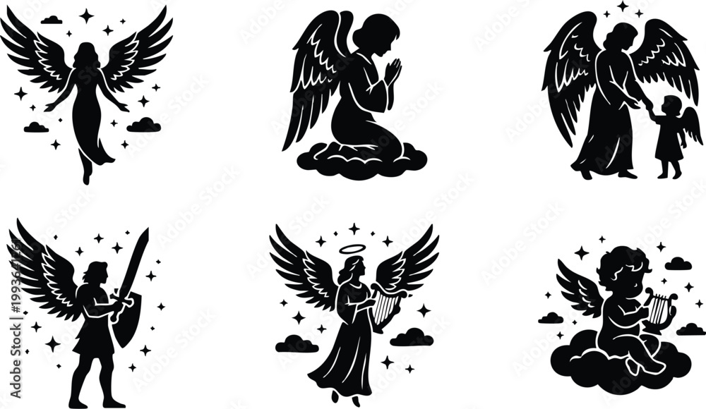 Fototapeta premium Black and white angel silhouettes collection with wings swords harps and clouds vector art