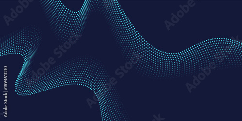 Flowing dots particles wave pattern in blue green colors. Vector curve light line. Abstract background banner design for music, Ai technology, neural network concept