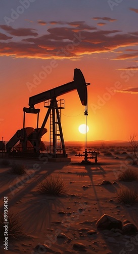 Oil Pump Silhouette at Sunset - Desert Landscape and Energy.