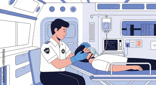 Paramedic Attends Patient in Ambulance, Emergency Medical Care, Life Support