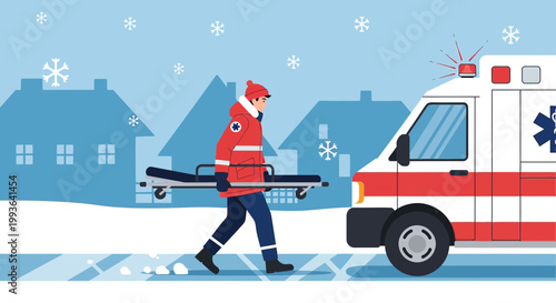 Paramedic carrying stretcher in snowy town with ambulance, emergency medical services in winter