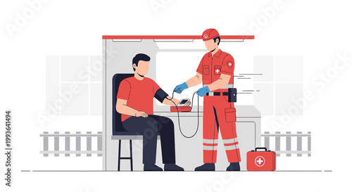 Paramedic checks patient's blood pressure at train station, medical emergency concept