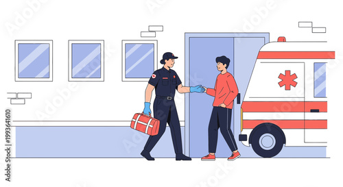 Paramedic Hands Over Medical Bag to Patient Near Ambulance Outside Building