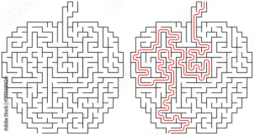 Apple-shaped maze with red path illustration  
