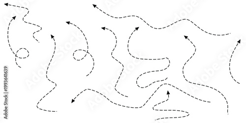 Dotted arrows and dashed line paths set isolated on transparent background. Black vector curved pointers and swirl lines for navigation, infographics and map routes. Minimalist design elements.