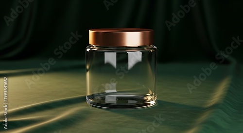 Elegant Empty Glass Jar with Copper Lid on Green Fabric Background.
