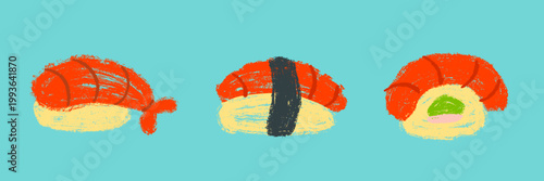 Hand drawn crayon vector illustrations of different shrimp nigiri sushi set on vibrant blue background. Collection features classic, wrapped with nori seaweed strip and an open with avocado and salmon