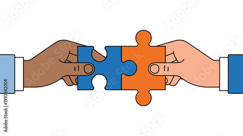 Teamwork puzzle connection vector illustration, hands joining puzzle pieces symbolizing partnership, collaboration, unity, and business cooperation concept