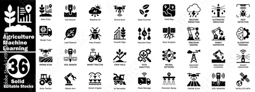 Smart agriculture machine learning solid icons. Autonomous farming, including automated robot harvesters, precision seeding, and soil monitoring technology.