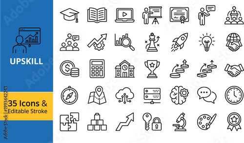 Set of editable upskill icons for education, business, and professional growth concepts. Perfect for presentations and training materials.