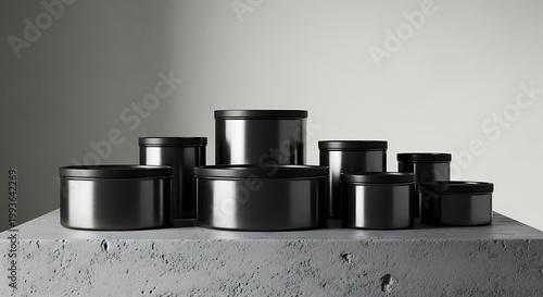 Elegant Black Containers Arranged on a Concrete Surface for Product Display.