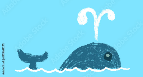 Tableau sur toile Large whale swimming on the water surface with spray on light blue background, hand drawn textured vector