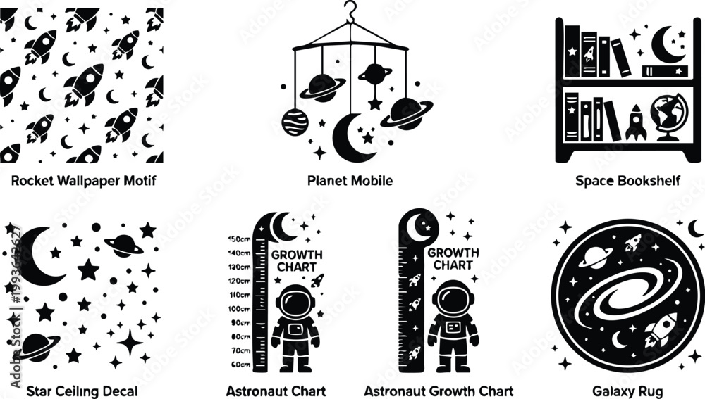 Obraz premium Black and white astronaut growth chart with stars and moon elements vector art