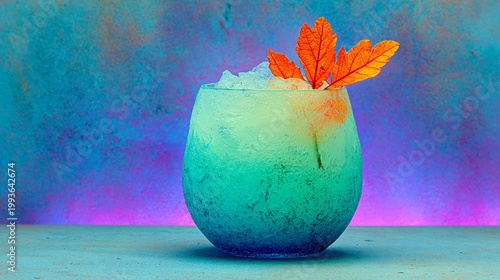 Vibrant turquoise cocktail glass illuminated with a soft glow, adorned with delicate orange leaves, set against a colorful abstract background, evoking a sense of refreshment.