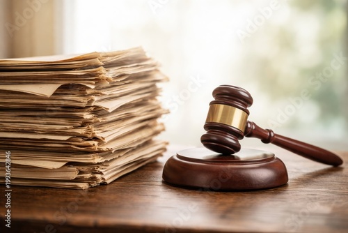 Legal gavel with sound block next to huge stack of vintage documents on wooden courtroom desk.