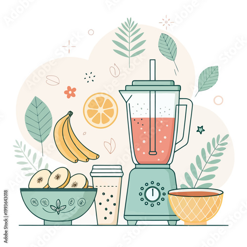 Blender with fruit smoothie prepared with bananas and orange served with bowl of fruit slices and drink for healthy refreshment.