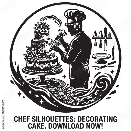 Illustration showing a chef decorating a cake with intricate designs and tools. isolated on white background, Vector