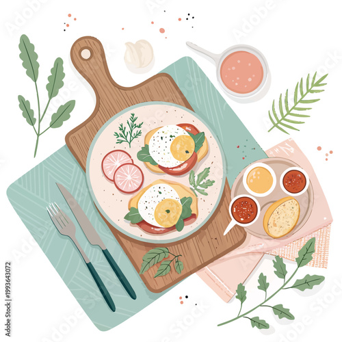 Breakfast menu with eggs, bread, tomatoes, herbs, sauce and radishes, top view, healthy and nutritious start to day.