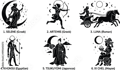 Six moon goddesses and gods from ancient cultures including selene artemis luna khonsu tsukuyomi and ix chel