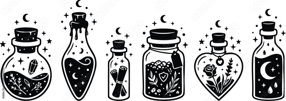 Naklejka premium Black and white mystical potion bottles with plants crystals and moons vector art