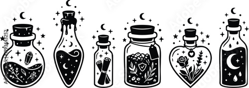 Black and white mystical potion bottles with plants crystals and moons vector art