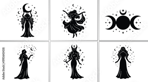 Black and white silhouette women with moon and star celestial symbols in magical vector art