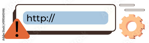 Web security, troubleshooting, online maintenance, internet error, website optimization, technology warnings. URL bar with alert icon and gear. Web security and troubleshooting concept