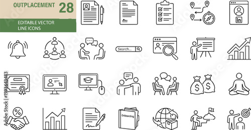 A set of 28 detailed business vector line icons depicting various outplacement services such as career development, job search, resume writing, and financial planning in a simple and elegant style