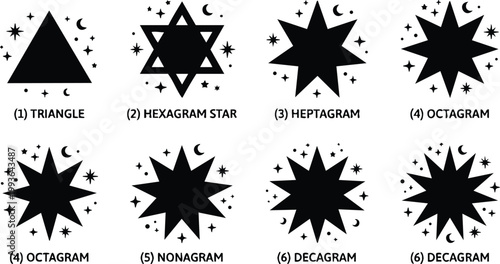 Black silhouette polygonal star shapes with celestial motifs vector art