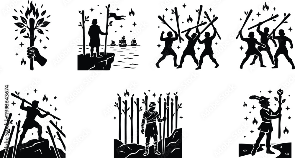 Fototapeta premium Black silhouette warriors fighting with fiery staffs and a torch bearer in forest vector art