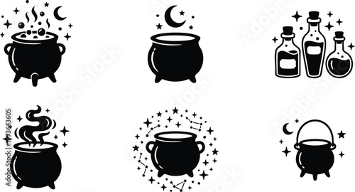 Black silhouette magical cauldrons and potion bottles vector art set